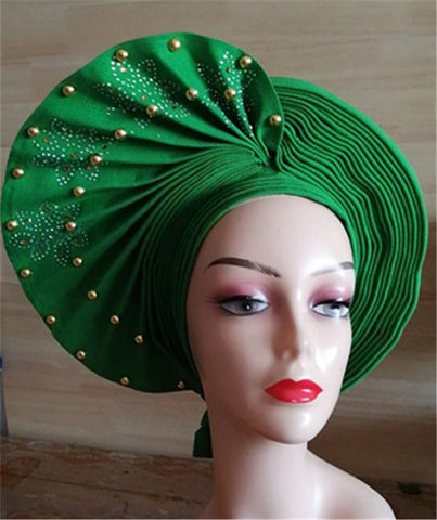 Image of Beautiful Pink Gele Headtie Aso Oke Gele Already Made Auto Gele Aso African Turban Cap With Beads-FrenzyAfricanFashion.com