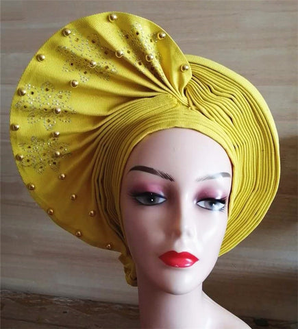 Image of nigerian aso oke with beads women turban shawl african headties-FrenzyAfricanFashion.com