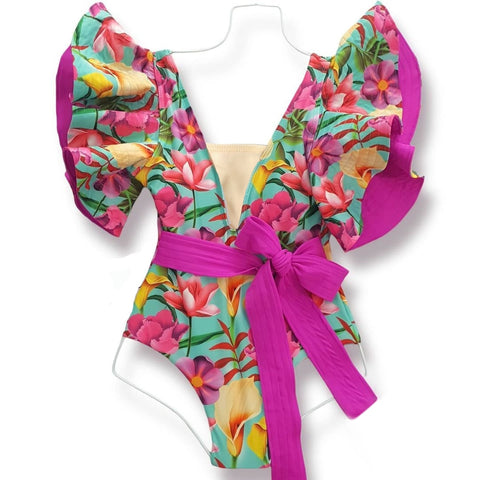 Image of Floral Printed Deep V-neck Ruffle Swimsuit Push Up One Piece Backless Monokini-FrenzyAfricanFashion.com