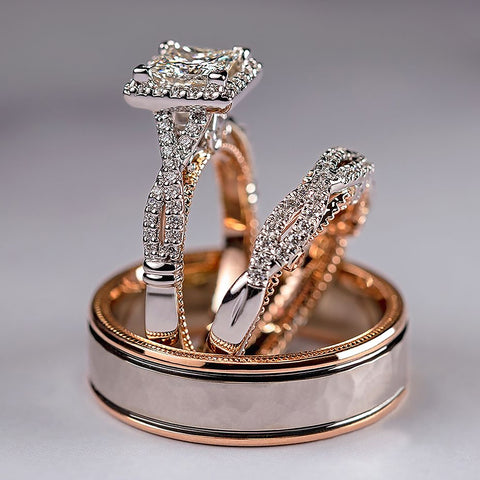 Image of Huitan Gorgeous Women/Men Wedding Set Rings Mosaic AAA CZ Two Tone Romantic Female Engagement Rings Fashion Jewelry Top Quality-FrenzyAfricanFashion.com
