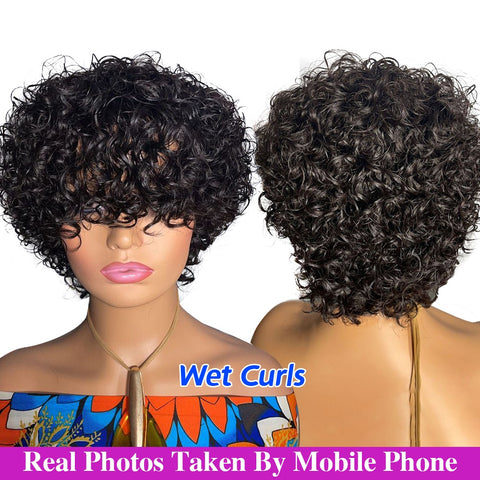Image of Pixie Cut Wig Human Hair Short Curly Women Human Hair With Bangs-FrenzyAfricanFashion.com