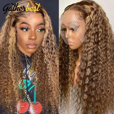 Image of Deep Curly Lace Front Ombre Blonde Curly Wigs Pre Plucked With Baby Hair 180 Density-FrenzyAfricanFashion.com