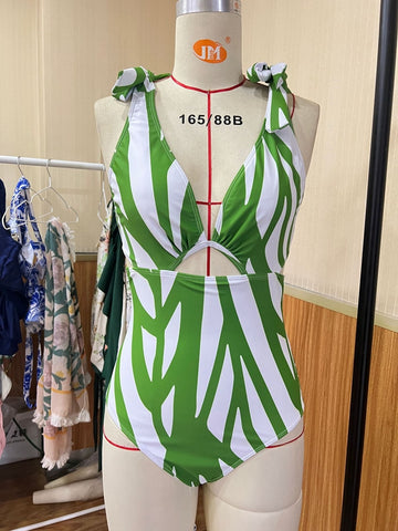 Image of One Piece Swimwear Women Sexy Stripe Print Deep V-Neck Bikini Swimsuit Hot Sale-FrenzyAfricanFashion.com