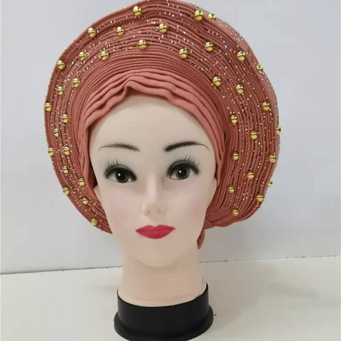 Image of Sego Gele Headtie Nigerian Headwear With Stone Beads Auto Turban Wide Trim-FrenzyAfricanFashion.com