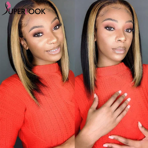 Image of Highlight T-Part Lace Bob Wig, Pre-Plucked Peruvian Remy Straight Human Hair-FrenzyAfricanFashion.com