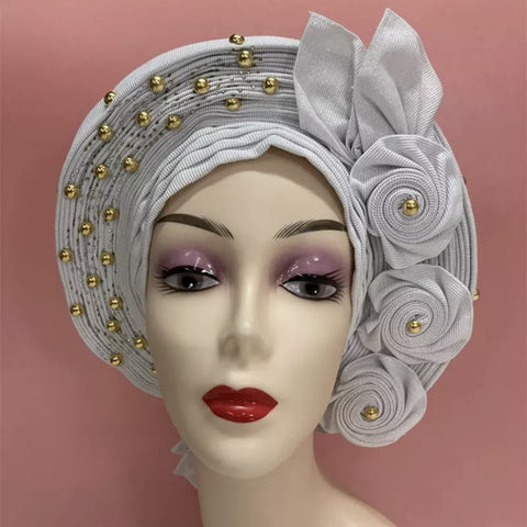 Image of Sego Gele Headtie Nigerian Headwear With Stone Beads Auto Turban Wide Trim-FrenzyAfricanFashion.com