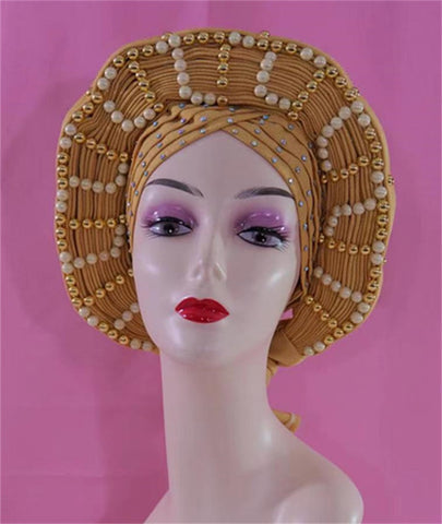 Image of Beautiful Pink Gele Headtie Aso Oke Gele Already Made Auto Gele Aso African Turban Cap With Beads-FrenzyAfricanFashion.com