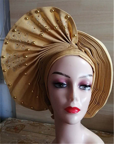 Image of Beautiful Pink Gele Headtie Aso Oke Gele Already Made Auto Gele Aso African Turban Cap With Beads-FrenzyAfricanFashion.com