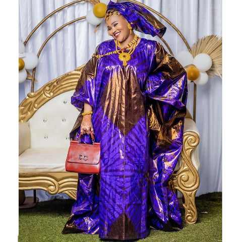Image of Purple African Dresses For Women Traditional Wedding Party Clothing Original Riche Dashiki Robe Printed Evening Gowns With Scarf-FrenzyAfricanFashion.com