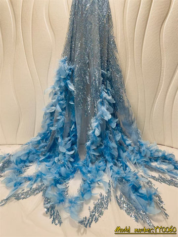 Image of Feather Fluffy Lace Fabric Luxury Pearl Fabric French For Wedding Bride Party-FrenzyAfricanFashion.com