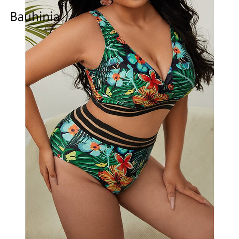 Image of Plus Size Swimsuits 2 Pieces Set Women High Waist Push Up Bikini Sets Flower Print Bathing Suits-FrenzyAfricanFashion.com
