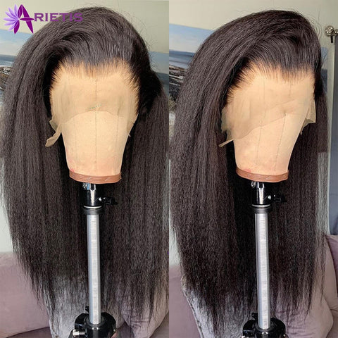 Image of Kinky Straight Wig Transparent Lace Frontal Wig Curly Human Hair Wigs Lace Frontal Pre Plucked Glueless Closure Wig Remy Hair-FrenzyAfricanFashion.com