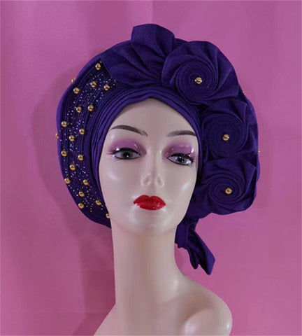Image of Beautiful Pink Gele Headtie Aso Oke Gele Already Made Auto Gele Aso African Turban Cap With Beads-FrenzyAfricanFashion.com