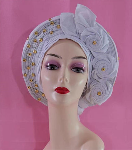 Image of Beautiful Pink Gele Headtie Aso Oke Gele Already Made Auto Gele Aso African Turban Cap With Beads-FrenzyAfricanFashion.com