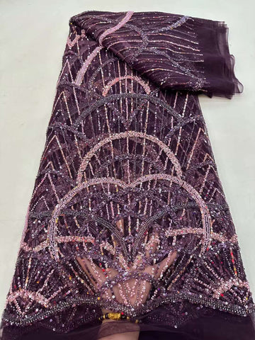 Image of Purple High-End Sequins Embroidery French Mesh Lace Fabric Latest African Handmade Beads Tulle Lace Fabrics for Party-FrenzyAfricanFashion.com