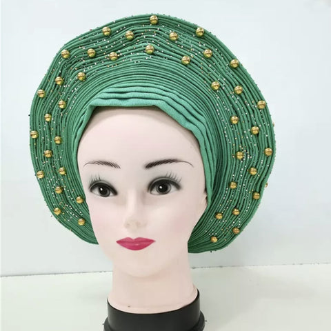 Image of Sego Gele Headtie Nigerian Headwear With Stone Beads Auto Turban Wide Trim-FrenzyAfricanFashion.com
