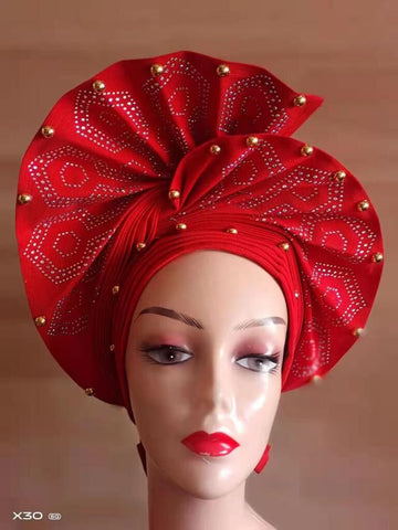 Image of Beautiful Pink Gele Headtie Aso Oke Gele Already Made Auto Gele Aso African Turban Cap With Beads-FrenzyAfricanFashion.com