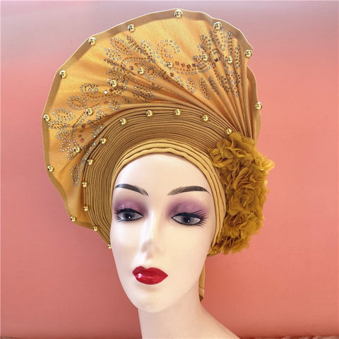 Image of nigerian aso oke with beads women turban shawl african headties-FrenzyAfricanFashion.com