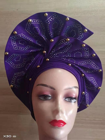 Image of Beautiful Pink Gele Headtie Aso Oke Gele Already Made Auto Gele Aso African Turban Cap With Beads-FrenzyAfricanFashion.com