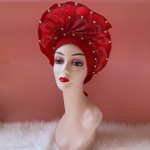 Image of Sego Gele Headtie Nigerian Headwear With Stone Beads Auto Turban Wide Trim-FrenzyAfricanFashion.com