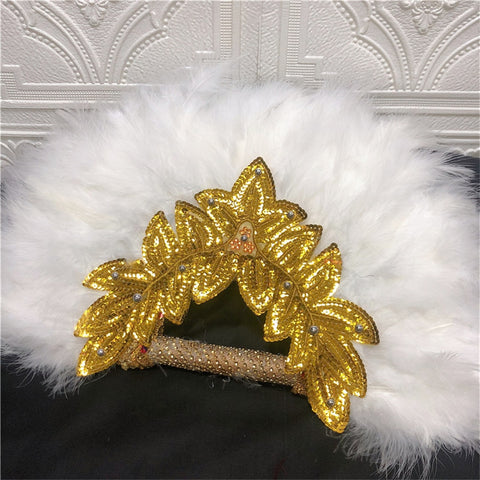 Image of Feathers Hand fan African Dance Wedding Fan with Sequined Beaded-FrenzyAfricanFashion.com