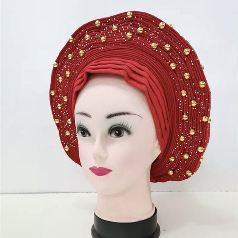 Image of Sego Gele Headtie Nigerian Headwear With Stone Beads Auto Turban Wide Trim-FrenzyAfricanFashion.com