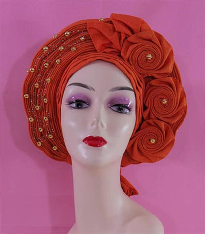 Image of Beautiful Pink Gele Headtie Aso Oke Gele Already Made Auto Gele Aso African Turban Cap With Beads-FrenzyAfricanFashion.com