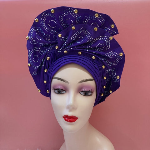 Image of Sego Gele Headtie Nigerian Headwear With Stone Beads Auto Turban Wide Trim-FrenzyAfricanFashion.com