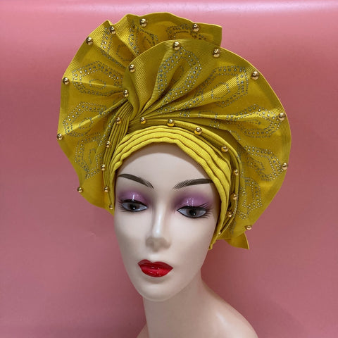Image of Sego Gele Headtie Nigerian Headwear With Stone Beads Auto Turban Wide Trim-FrenzyAfricanFashion.com