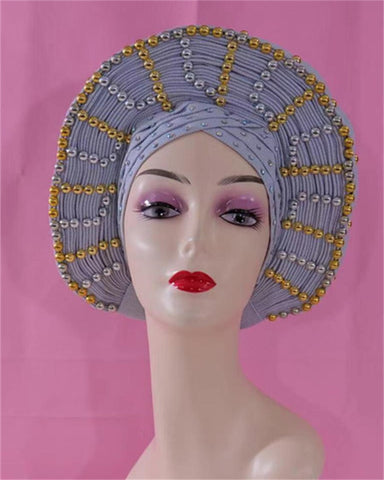 Image of Beautiful Pink Gele Headtie Aso Oke Gele Already Made Auto Gele Aso African Turban Cap With Beads-FrenzyAfricanFashion.com