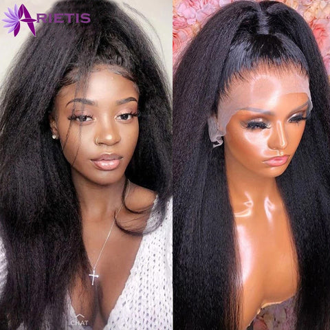 Image of Kinky Straight Wig Transparent Lace Frontal Wig Curly Human Hair Wigs Lace Frontal Pre Plucked Glueless Closure Wig Remy Hair-FrenzyAfricanFashion.com