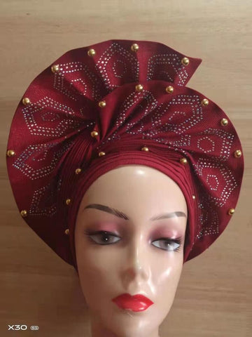 Image of Beautiful Pink Gele Headtie Aso Oke Gele Already Made Auto Gele Aso African Turban Cap With Beads-FrenzyAfricanFashion.com