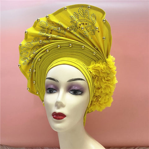 Image of nigerian aso oke with beads women turban shawl african headties-FrenzyAfricanFashion.com