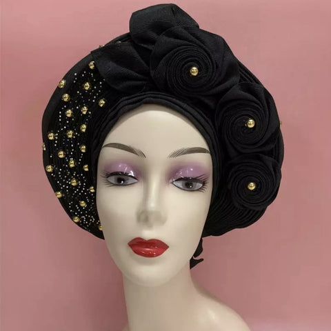 Image of Sego Gele Headtie Nigerian Headwear With Stone Beads Auto Turban Wide Trim-FrenzyAfricanFashion.com