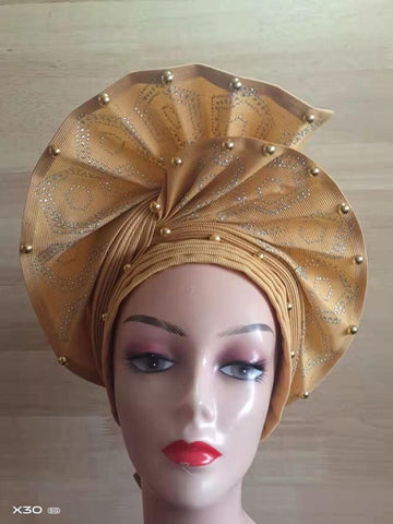 Image of Beautiful Pink Gele Headtie Aso Oke Gele Already Made Auto Gele Aso African Turban Cap With Beads-FrenzyAfricanFashion.com