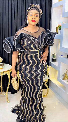 Image of African Wedding Party Dresses for Women Spring Autumn African Women Sequined Short Sleeve Long Dress Dashiki African Dresses-FrenzyAfricanFashion.com