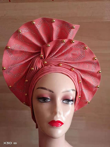 Image of Beautiful Pink Gele Headtie Aso Oke Gele Already Made Auto Gele Aso African Turban Cap With Beads-FrenzyAfricanFashion.com