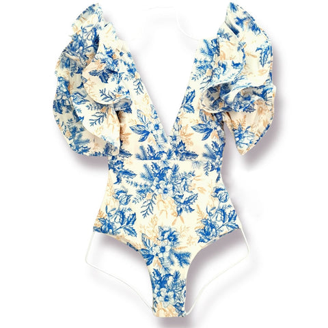 Image of Floral Printed Deep V-neck Ruffle Swimsuit Push Up One Piece Backless Monokini-FrenzyAfricanFashion.com