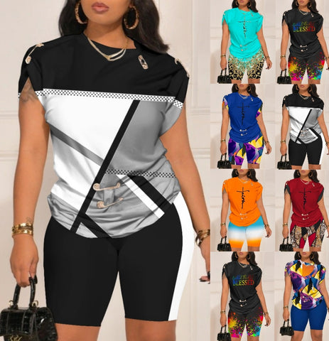 Image of Tops Sets Casual 2-piece Summer Fashion Pin Print T-shirt Shorts-FrenzyAfricanFashion.com