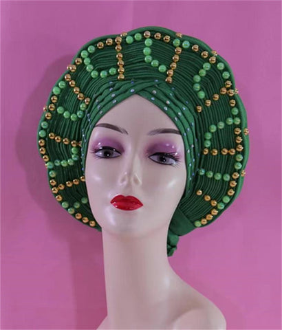 Image of Beautiful Pink Gele Headtie Aso Oke Gele Already Made Auto Gele Aso African Turban Cap With Beads-FrenzyAfricanFashion.com