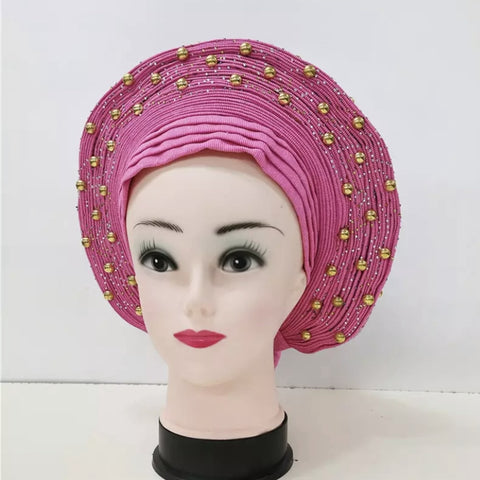 Image of Sego Gele Headtie Nigerian Headwear With Stone Beads Auto Turban Wide Trim-FrenzyAfricanFashion.com