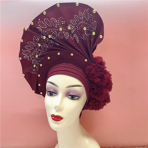 Image of nigerian aso oke with beads women turban shawl african headties-FrenzyAfricanFashion.com