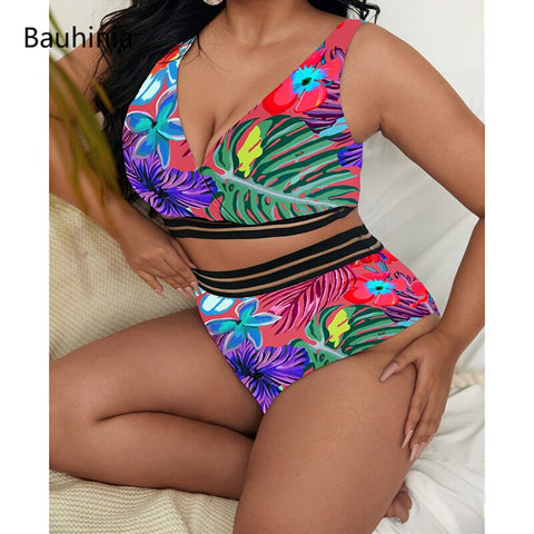 Image of Plus Size Swimsuits 2 Pieces Set Women High Waist Push Up Bikini Sets Flower Print Bathing Suits-FrenzyAfricanFashion.com