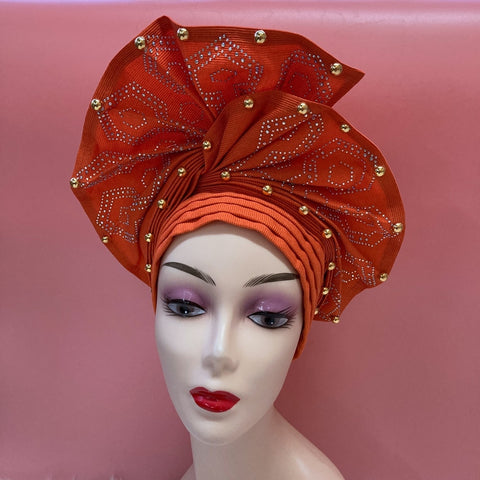 Image of Sego Gele Headtie Nigerian Headwear With Stone Beads Auto Turban Wide Trim-FrenzyAfricanFashion.com