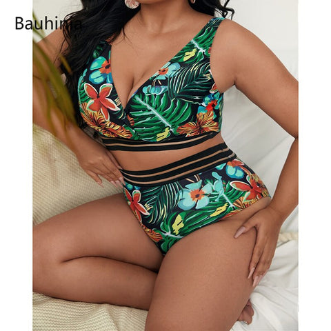 Image of Plus Size Swimsuits 2 Pieces Set Women High Waist Push Up Bikini Sets Flower Print Bathing Suits-FrenzyAfricanFashion.com