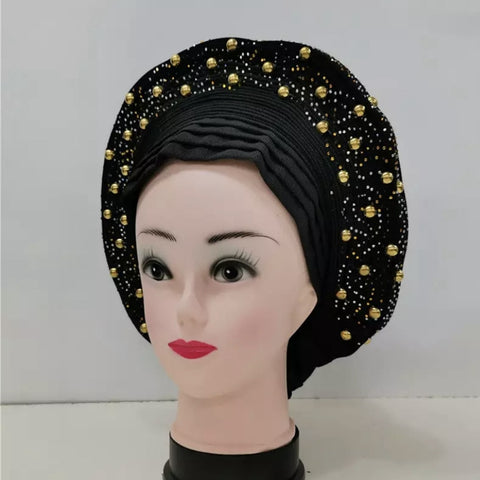 Image of Sego Gele Headtie Nigerian Headwear With Stone Beads Auto Turban Wide Trim-FrenzyAfricanFashion.com
