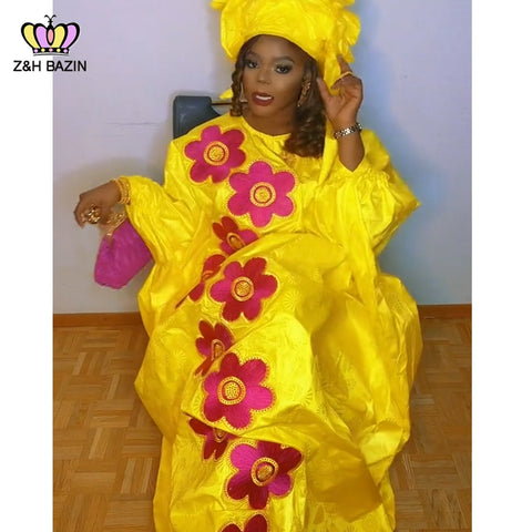 Image of African Dresses For Woman Plus Size Bazin Riche Robe Embroidery With Embroidery Original Basin Floor Long Dresses With Scarf-FrenzyAfricanFashion.com