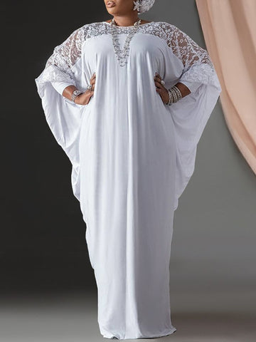 Image of Summer Kaftan Dress Women Lace Patchwork Maxi Long Dresses Long Sleeve O Neck Solid-FrenzyAfricanFashion.com