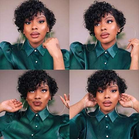 Image of Pixie Cut Wig Human Hair Short Curly Women Human Hair With Bangs-FrenzyAfricanFashion.com