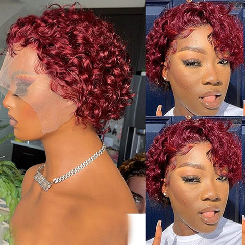 Image of Pixie Cut Wig 99J Deep Wave Lace Wig Afro Curly Short Bob Human Hair-FrenzyAfricanFashion.com